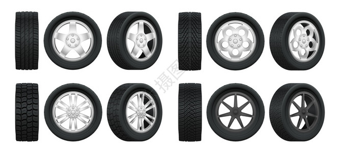 轮胎广告不同胎型的汽车轮技术服务矢量图插画