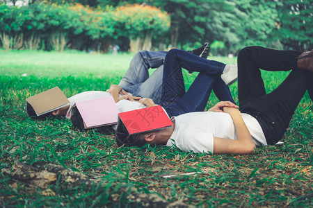 用书本盖住头在草地休息的人们图片