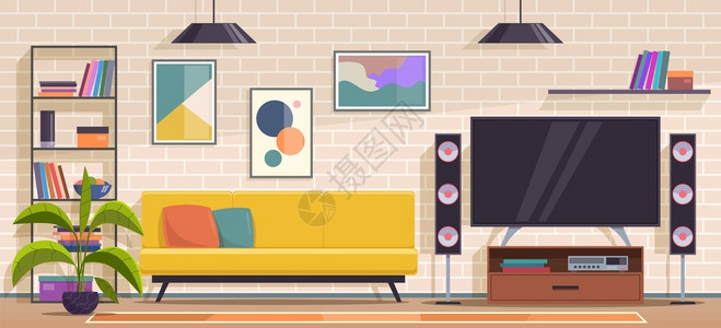 现代房间现代公寓家具沙发和椅子书架电视机墙图植物平板矢量当代室内客厅现代公寓家具沙发和扶椅书架电视墙图植物平板矢量室内插画