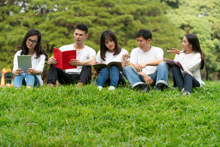 大学生们在草地上看书交流图片