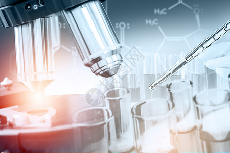 暴露的研发概念科学和医实验室仪器显微镜用于生物学的试验管和玻璃瓶以及用于医学研究的实验室化学双重接触图像设计图片