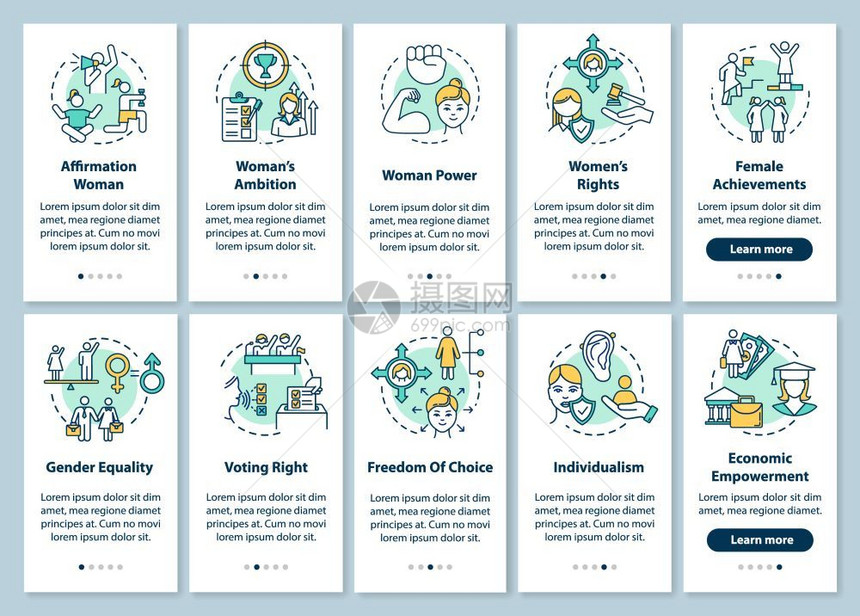 妇女赋权别平等通过5步图形指示ui矢量模板配有rgb彩色插图图片