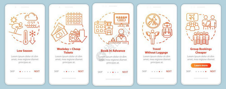 带有概念的移动应用程序页面屏幕预定节俭集体旅行预算游横穿五步图示指ui矢量模板rgb颜色插图背景图片