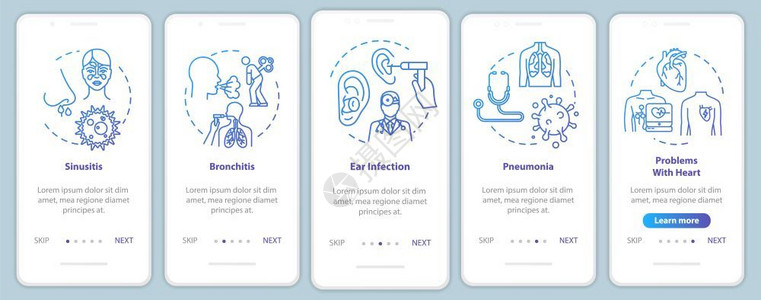 带概念的移动应用程序页面屏幕上的肺病医学检查口腔动脉瘤治疗通过五步图示指ui矢量模板配有rgb颜色插图插画