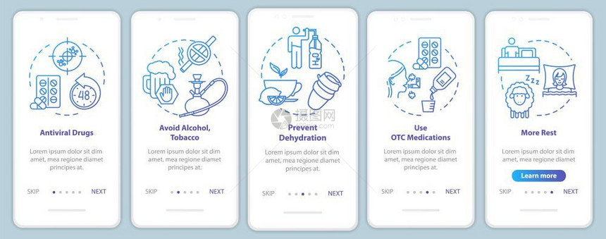 避免在手机应用程序页面屏幕上出现带有概念的不良习惯药物流感预防通过5步图示指ui矢量模板配有rgb彩色插图图片