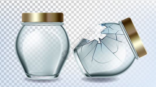 透明玻璃裂纹加瓶玻璃和带有金盖矢量的破瓶子用于调制梅杏樱桃或草莓的空玻璃瓶子用于切碎水果模板的玻璃器件符合实际的3d插图加瓶玻璃和带有金盖矢插画