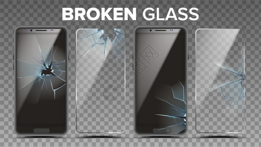 三部损坏的智能手机保护玻璃和触摸屏透明温和的现代手机显示器覆盖实用的3d插图损坏的玻璃电话保护屏设置矢量插画