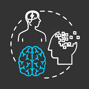 脑肿瘤研究头痛的危险神经学和心理思想黑背景上的矢量孤立黑白板图示插画