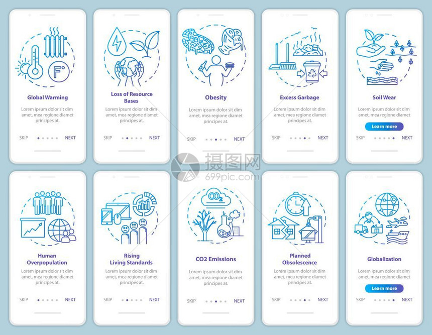 包含以下概念的移动应用程序页面屏幕上的过量消耗环境破坏消费者主义通过5步图形指示ui矢量模板配有rgb颜色插图图片