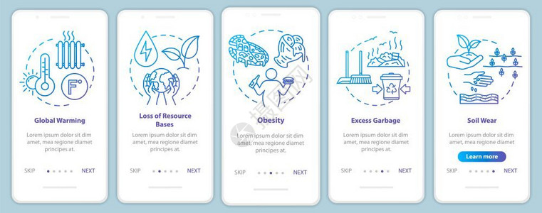 油脂过多装有概念的移动应用程序页面屏幕上的消费过量全球变暖土壤磨损消费主义通过5步图形指示配有rgb颜色插图的ui矢量模板插画