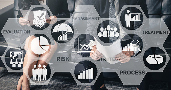安全评价师商业投资概念的风险管理和评估现代图形界面显示风险计划分析的战略符号以控制不可预测的损失和建立财务安全插画