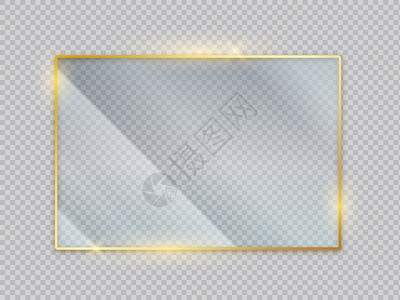 前视镜金色玻璃透明横幅金形框带有玻璃反射效果的金色框矢量图像方形丙烯隔离屏幕前视图带有晶体显示金色玻璃透明横幅金色框带有玻璃反射效果的设计图片