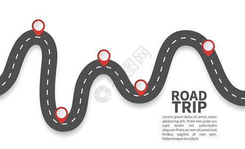 蜿蜒的路3d道路矢量示检查站位置图红针路色钉道矢量图插画