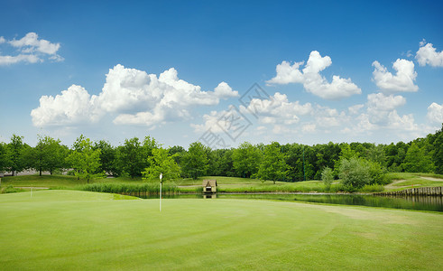 高尔夫球场上阳光明媚的绿草地图片