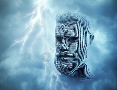 雷头蓝雷天前的人类头部神圣和全美科学的概念神面孔象征形更高权力和神头的图例背景