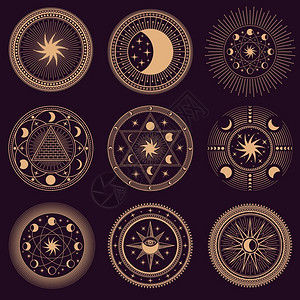 设计素材采集星座月亮和金字塔日蚀灵自由采集的神秘圆形符号插画