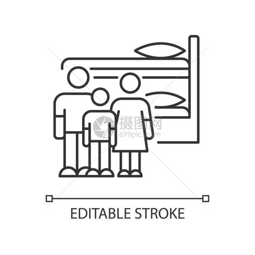 家庭宿舍像素完美的线图标共享宿舍同卧室床铺招待所细线可定制的插图轮廓符号矢量孤立的轮廓图画可编辑中风图片