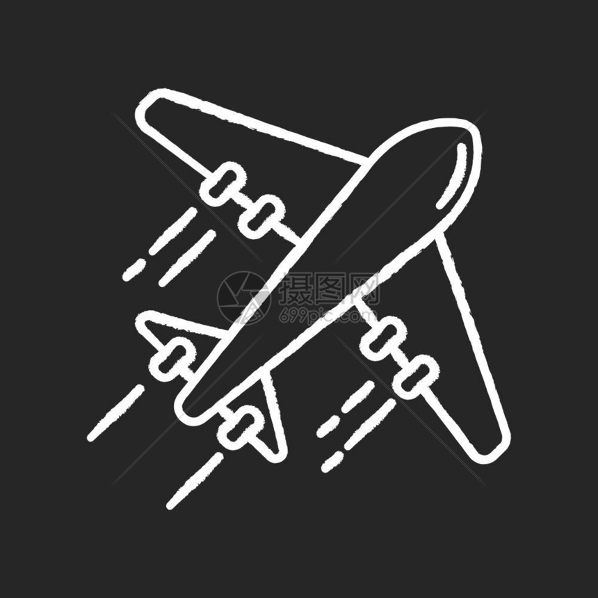 黑色背景上的白纸笔图标与航空公司一起飞行搭乘班机前往目的地乘坐飞机的国际旅行游孤立的矢量黑板插图图片