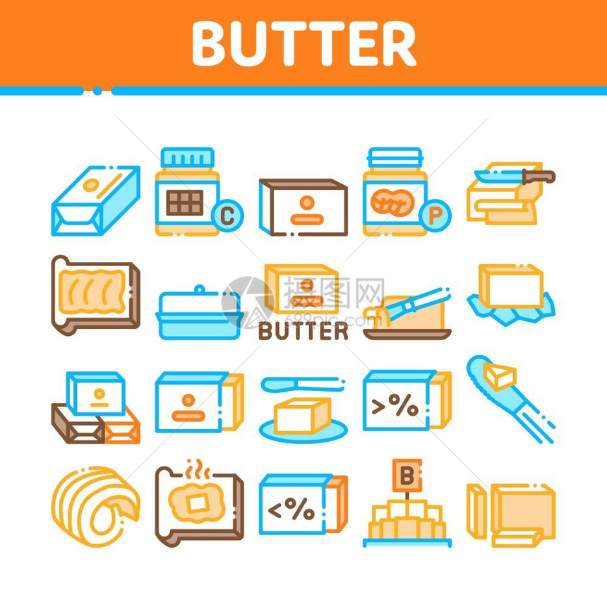 黄油或麻收集图标设定矢量在面包和刀片上的黄油切和包件瓶脂肪维生素概念线象形图图片