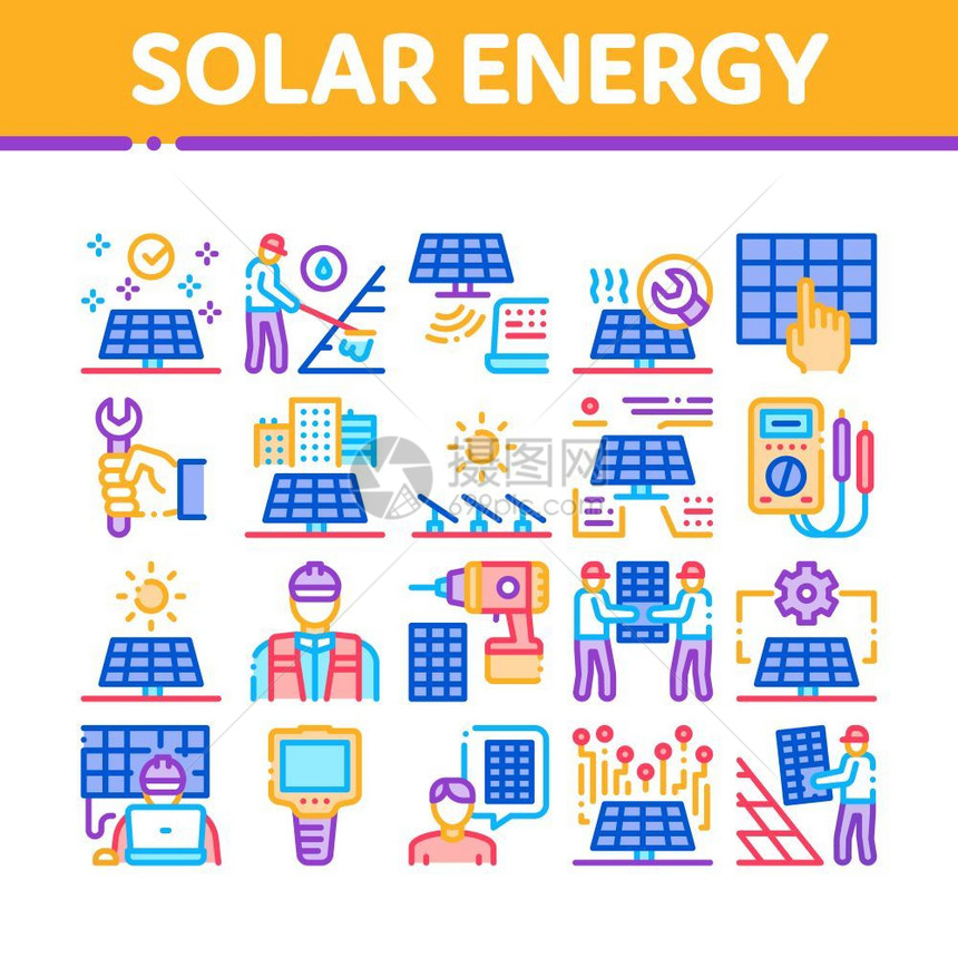 太阳能电池和板替代力技术安装和维修概念线象形图图片