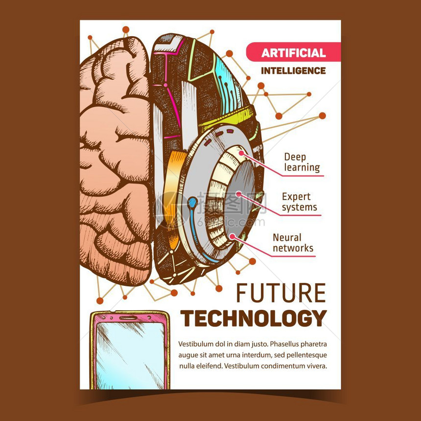 创新机器人脑和智能手机高技术设备由古代风格彩色插图中提取的ai和解剖神经学手图片