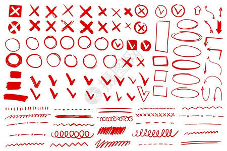 红色感叹号dolechk标记和下划线手画的红勾十字列表项的圆箭头标记是或没有检查过的矢量铅笔手写图标画红勾检查过的矢量图标插画