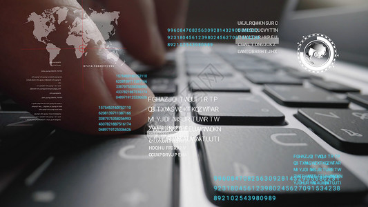 搜索动画素材从事膝上型计算机键盘工作的男子该键盘配有图形用户界面全息图显示大数据科技字网络连接和计算机编程法的概念背景
