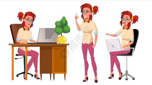 女成功的官员职仆人装扮成年商业女面对情绪各种手势孤立的卡通插图办公室工人现场生成器快乐的办事员工正面侧情感平坦的格插图图片