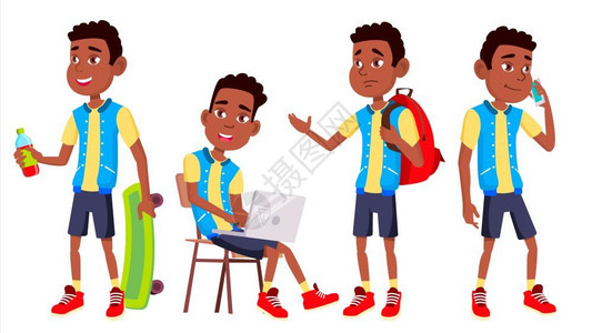 男孩子在网络上小册子海报设计孤立的漫画插图男孩子在广告小册标语设计上同龄人青少年教室房间黑人美国背景图片