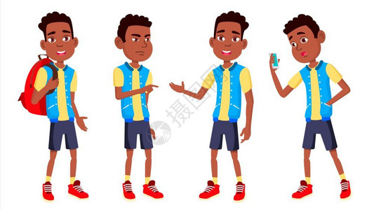 黑色小背包男孩子在网路招贴小册子设计孤立的漫画插图中男孩儿在广告标语印刷设计孤立的漫画中设置矢量男孩子在高中生黑人美国儿童学习知识课程广告插画