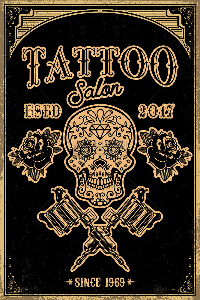 工作室的纹身海报模板头骨背面有交叉纹身机器的背面徽标签章志招贴画的设计元素矢量插图图片