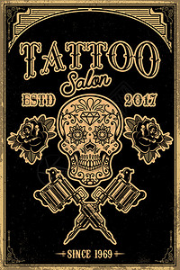 美女纹身工作室的纹身海报模板头骨背面有交叉纹身机器的背面徽标签章志招贴画的设计元素矢量插图插画