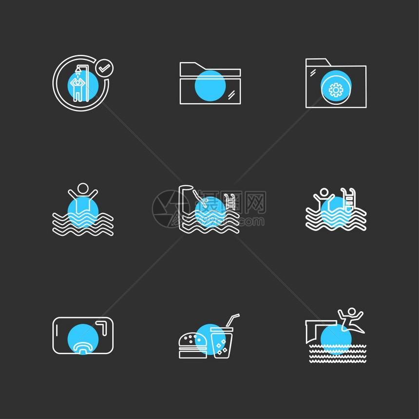 文件夹夏天海滩野餐饮料短裤游泳热水冲浪游戏运动图标矢量设计公寓收藏风格创意图片