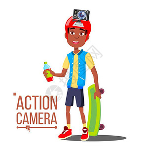 扛摄像机男孩红头盔过程主动休息方式孤立的插图带有行动摄像机的男孩美国青少年孤立的漫画插图与行动摄像机的男孩积极休息方式孤立的漫画插图插画
