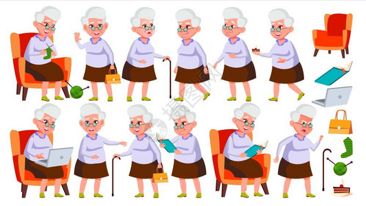 沧桑奶奶元素老年人各做动作插图元素插画