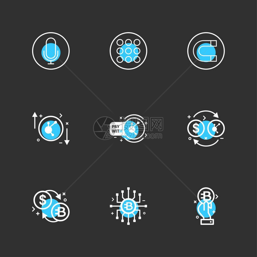 麦克风菜单磁铁比特硬币加密货美元图标矢量设计平板收藏风格创意图片