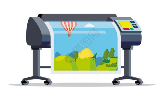 大型多功能打印机线摄影印刷车间服务孤立的漫画插图绘机打印矢量大格式的多功能打印机孤立的平面漫画插图背景图片