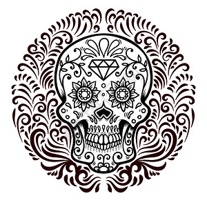 死去的带有圆形花纹背景的墨西哥糖头盖骨日海报贺卡横幅t衬衫传单徽章的设计元素矢量图示插画