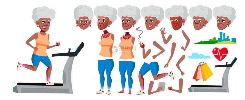 老年人动画创作组面对情绪手势积极的祖父母设计动画漫插图老年妇女黑人美籍老动画制作组情感积极的祖父母海报设计动画卡通插图动画图片