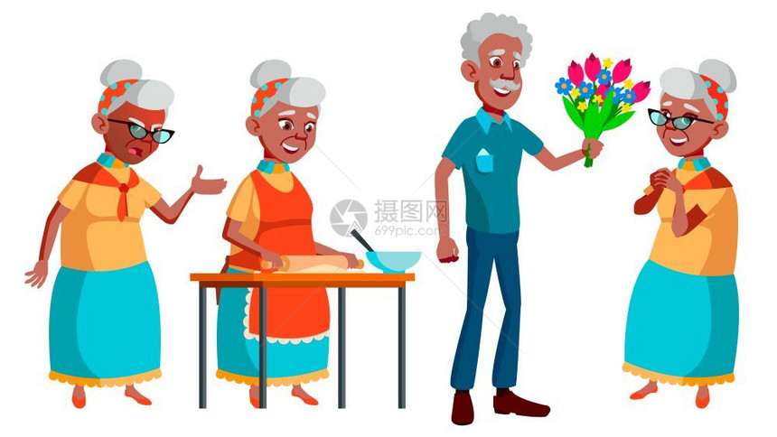 老年人活跃的祖父母喜悦展示印刷邀请设计孤立的漫画插图老年妇女友好的祖父母网络海报小册子设计固定的病媒黑人美国孤立的漫画插图图片
