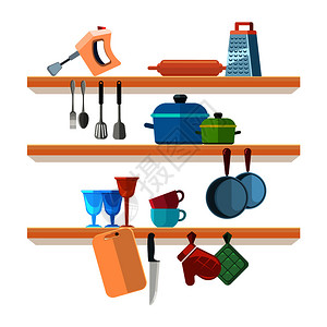厨房架子配有烹饪工具和挂锅矢量图厨房架子用管和厨房设备内背景图片