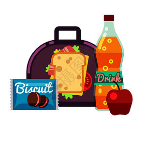 饮料袋儿童午餐盒带零食的包饭和饮料的病媒储备午餐盒三明治苹果水饮料学校插图的午餐带零食袋餐和饮料病媒储备插画
