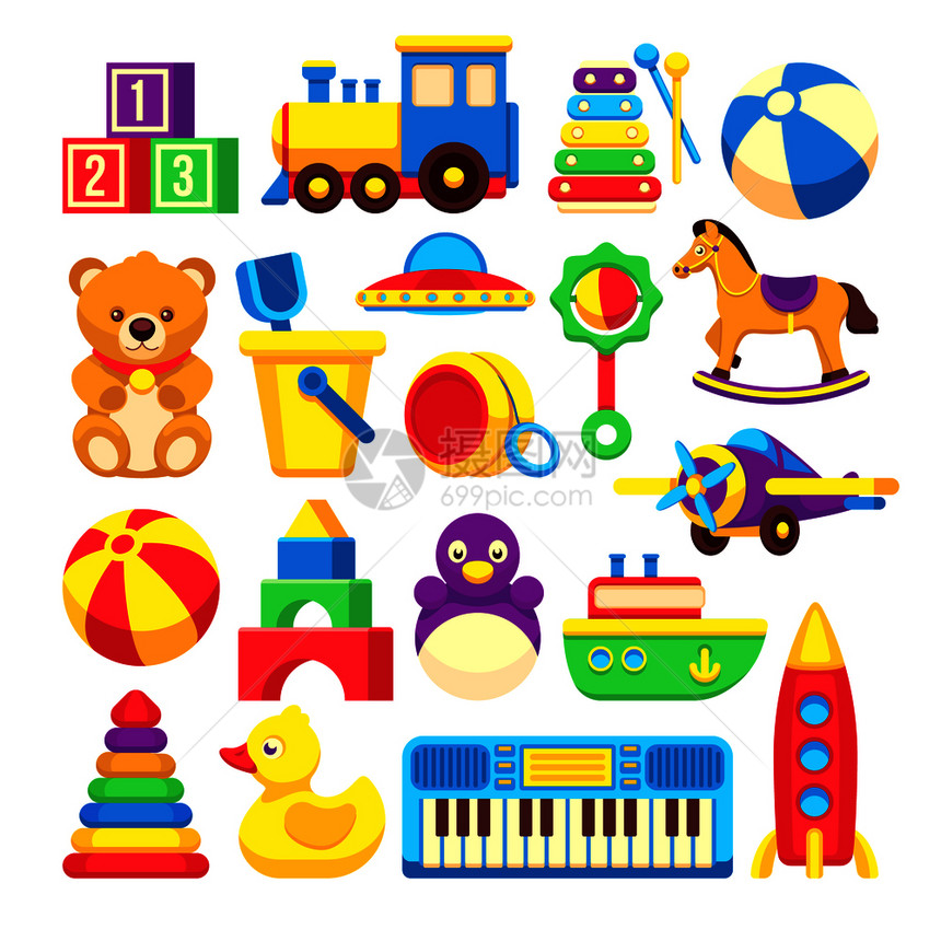 玩具儿童卡通矢量图标收藏彩色的成套玩具插图马和鸭子孩们玩具卡通矢量图标收藏图片