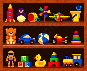 钢琴店素材儿童玩具在木材商店的架子上儿童玩具在木店的架子上插画