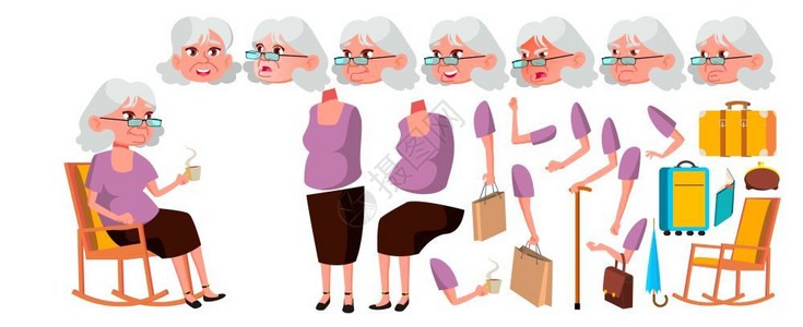 美容院女性服务人员邀请手势各种手势表情的老年人插画