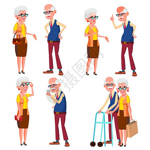 老年人一起拍照老年夫妇设定矢量现代祖父母老人戴眼镜的面孔情绪幸福的人一起欧洲孤立的扁卡通插图祖父和母银发高级女士和绅情况老年人女士和绅孤立的扁插画