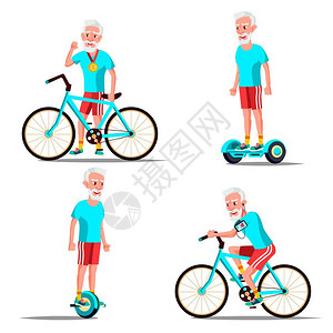 老年人骑自行车老人骑机自行车城市户外体育活动说明图插画