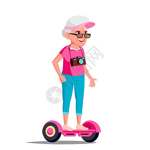 平衡的摩托车悬浮板上的老年妇女图示图片