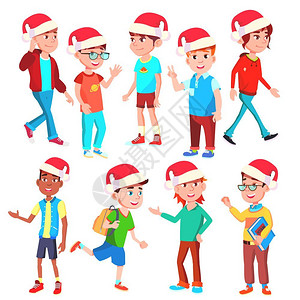 卡通圣诞节戴圣诞帽的男孩矢量插图图片