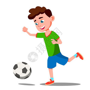 绿色足球衣踢足球的小男孩插画
